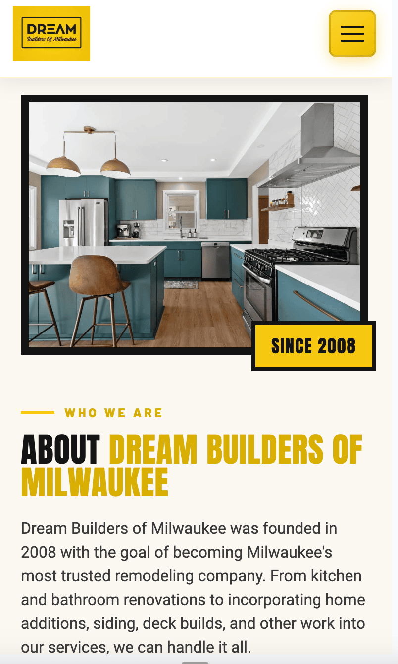 Remodeling company website shown on a mobile phone